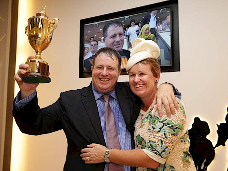 Stephen Gray and his wife Bridget celebrate Bahana’s win in the Singapore Gold Cup.