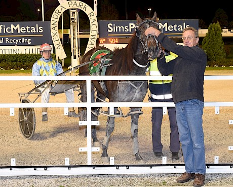 Trainer Ray Green greets Perfect Stride and Zachary Butcher after their explosive win. PHOTO: Joel Gillan/Race Images.