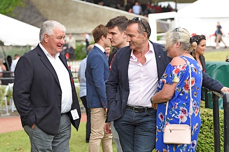 Neville McAlister, centre, enjoys the moment with trainer Lisa Latta and Lincoln Farms’ business manager Ian Middleton.