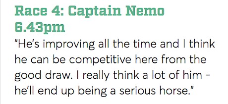 What trainer Ray Green said about Captain Nemo’s chances last start when he paid $14.30 for a place.