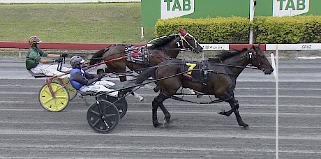 The well regarded Ranger Bomb grabs Larry Lincoln late in the stretch at Albion Park today.