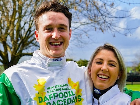 Zac Butcher, pictured with top jockey Sam Collett during a recent promotion for Daffodil day.