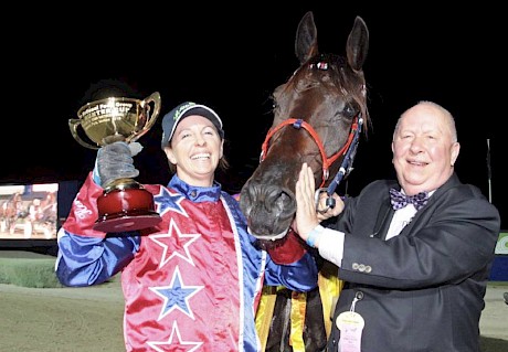 Merv Butterworth with trainer-driver Kerryn Manning and New Zealand and Hunter Cup winner Arden Rooney.