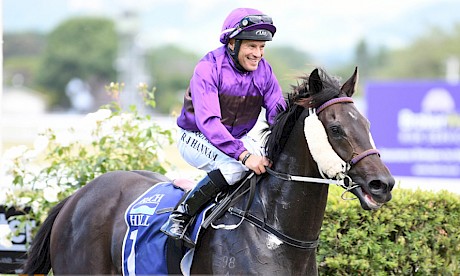 Robbie Hannam is all smiles as he brings Lincoln Star back to scale at Awapuni. PHOTO: Race Images.