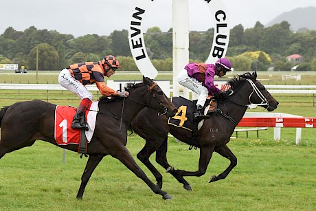 Lincoln Sky is too good for red hot favourite Kapinos at Otaki. PHOTO: Race Images.
