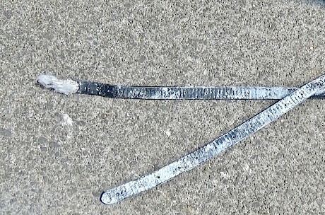 The broken end of the hopple carrier strap which torpedoed Hilary Barry today.