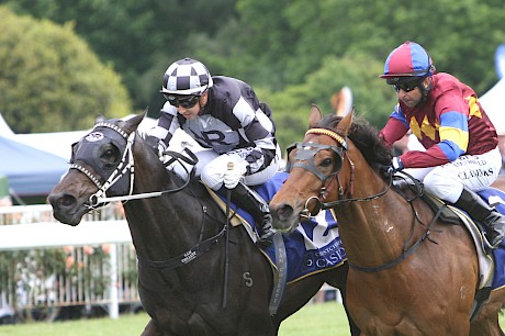 Kamanda Lincoln, at left, scoring at Riccarton. Rider Sam Collett wants to see some rain to dampen the track. PHOTO: Race Images.