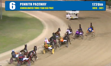 They’re flying into the first bend at Penrith and Make Way is about to cross Kelli Frost but Lord Denzel, middle, and Slingshot, outer, are burning hard to try to keep him out.