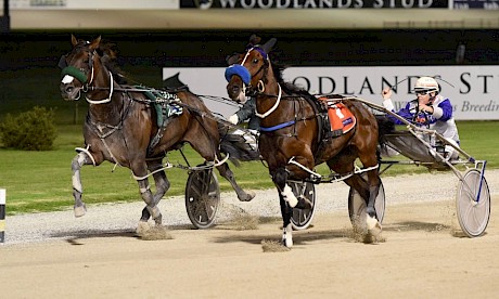 Governor’s Bay powers up the passing lane to nab Rocknroll Rod at Alexandra Park. PHOTO: Joel Gillan/Race Images.