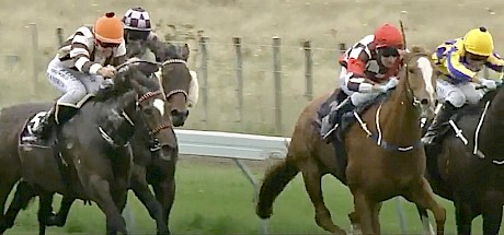 Authentic Charm in the black and white checks, is snookered on the rail behind Charlie Zulu and Tennessee Rose.