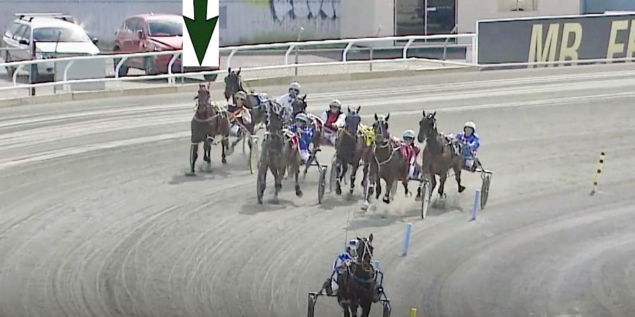 Lincoln’s Girl, arrowed, makes a run five wide turning in despite having lost an early stretch, galloping out of the gate.