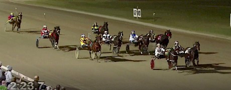 Down the stretch and Make Way is about to collar hot favourite Dazzle Me in the Redcliffe Derby.