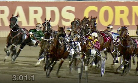 Northview Hustler and Hayden Barnes are pushed extremely wide turning for home in tonight’s Redcliffe Cup.