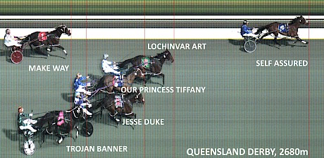 Trojan Banner bursts home wide out at the finish of the Queensland Derby.