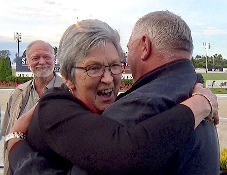 Trojan Banner’s part-owner Margaret Rabbitt and Ian Middleton celebrate in the winners’ circle at Alexandra Park.