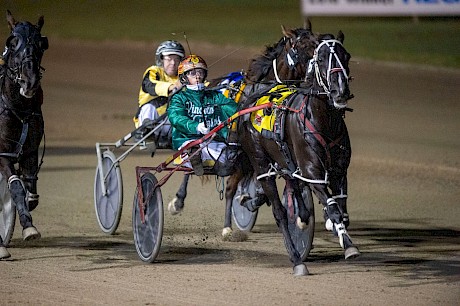 Hayden Barnes urges Trojan Banner on in his narrow win at Redcliffe. PHOTO: Michael McInally.