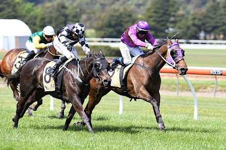 Princess Amelie, rails, finds another kick as Mars Bars ranges alongside. PHOTO: Peter Rubery/Race Images.