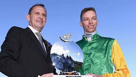 Mick Dee with champion trainer Chris Waller after winning the Group I Myer Classic on Shillelagh.