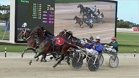 Vincent Van Gone edges ahead in front of the big screen at Alexandra Park.