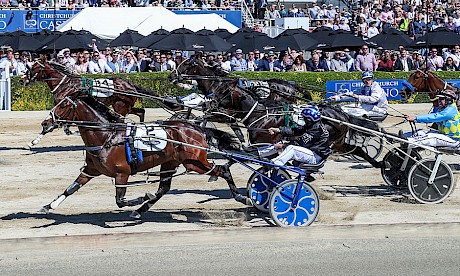 Copy That, wide out, is nosed out by One Change in the Sires’ Stakes Final at Addington, with Line Up, third, and Bad To The Bone wide out fourth. All are rivals again on Friday night. PHOTO: Ajay Berry/Race Images.