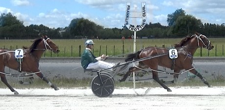 Captain Nemo (Andrew Drake) and Platinum Stride (Andre Poutama) are travelling comfortably mid-heat at Pukekohe today.