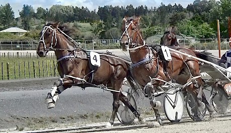 Man Of Action gallops in the lead turning for home at Pukekohe today.