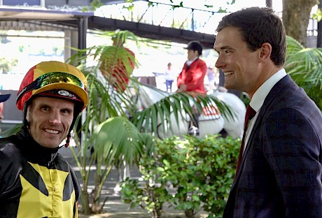 Jason Waddell with Marsh stable racing manager Todd Pollard at Ellerslie today.