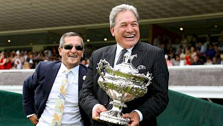 Racing Minister Winston Peters with former top jockey Noel Harris.