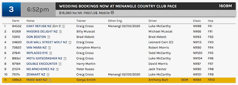 Make Way races at 8.52pm NZ time at Menangle on Saturday night.