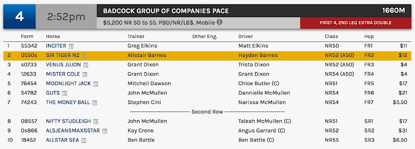 Sir Tiger races at 4.52pm NZ time at Albion Park today.