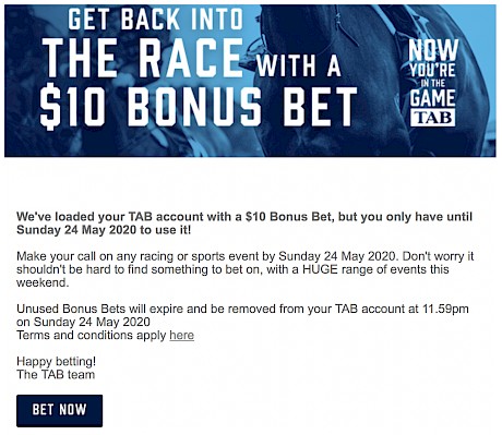 A now familiar email from the TAB to thousands of punters.