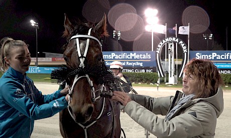 Debbie Green, right, wife of trainer Ray Green, greets her pride and joy Copy That whom she reluctantly sold.