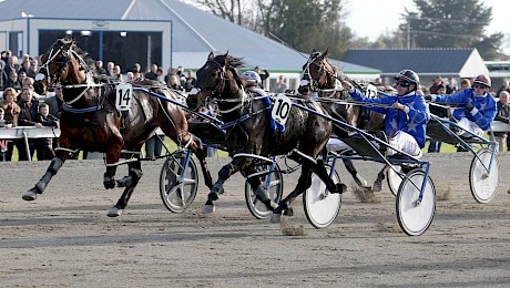 Ashley Locaz, nearest camera, leads home an All Stars’ trifecta in the Two-year-old Emerald at Ashburton, downing The Devils Own and Spankem. PHOTO: Race Images.