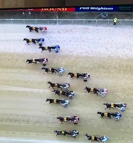 In this drone shot the outside four horses, including Self Assured third from the top, are a length or two ahead and are travelling at speed compared with the near motionless inside runners.