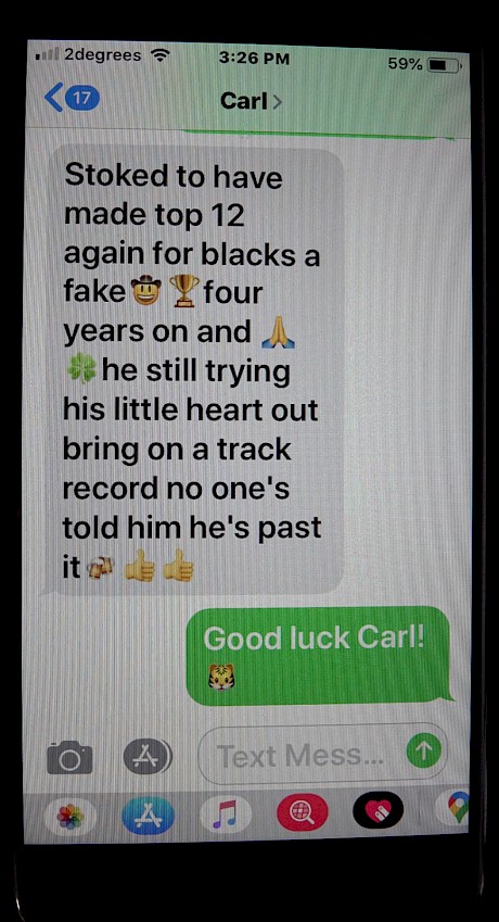 This text from Carl Officer, whose Waikato Four Legs syndicate has a share in Northview Hustler, shows he is certainly enjoying the ride.