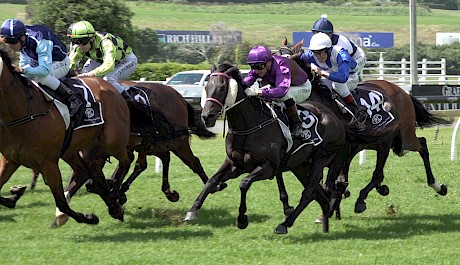 Lincoln Star in the purple colours unleashes the fastest last 200 metres in the race for Opie Bosson at Ellerslie last start.