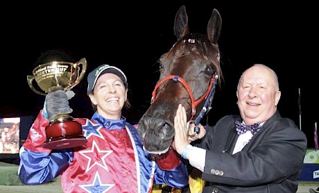 Merv Butterworth with trainer-driver Kerryn Manning after Arden Rooney’s New Zealand Cup win in 2015 - but Copy That’s win tonight was more exciting.