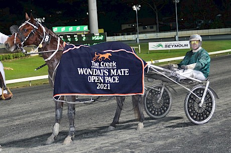 Copy That’s home stretch burst to win the Wondai’s Mate was unbelieveable, according to driver Anthony Butt. PHOTO: Dan Costello.