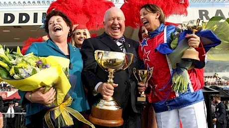 Merv and Meg Butterworth enjoying their first New Zealand Cup win with trainer-driver Kerryn Manning.