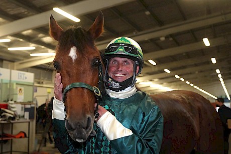 Driver Blair Orange with Copy That, his second New Zealand Cup winner after Cruz Bromac in 2019. PHOTO: Ajay Berry/Race Images.