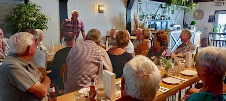 Cliff had so many friends he had numerous parties for his 90th birthday last December. Here Cambridge president Graham Bowen proposes a toast for Cliff and his racing friends.