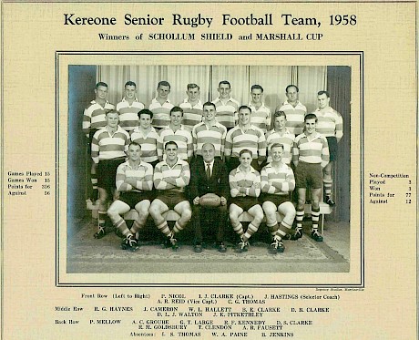 Cliff played rugby from 1944 to the 1960s and is pictured here, at the right of the front row, one of the unbeaten 1958 Kereone seniors side which included four of the famous Clarke brothers.