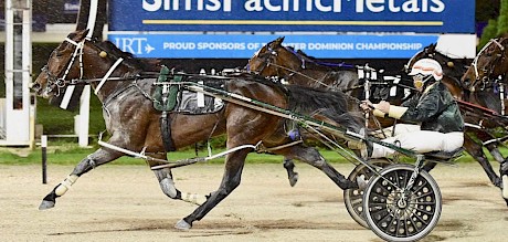 Simply Sam has made up what looked an impossible deficit to score by two lengths. PHOTO: Megan Liefting/Race Images.