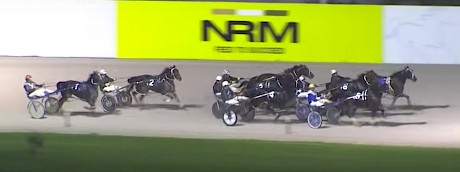 The moment in question: McKendry, second last, can’t hold the back of Harder Than Diamonds, so switches to the inside.
