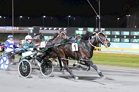 Riverman Sam (Maurice McKendry) steams past Bad Medicine and Wild Card for a one and a half length win. PHOTO: Chanelle Lawson.