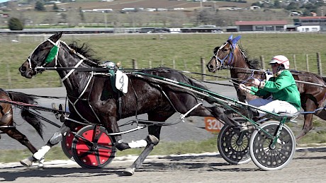 My Copy looking strong outside the leader 500 metres from home at Pukekohe last Saturday.