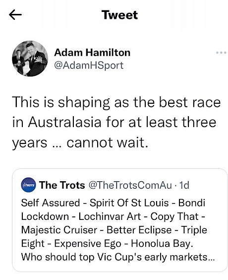 Adam Hamilton’s tweet on likely contenders for the Victoria Cup.