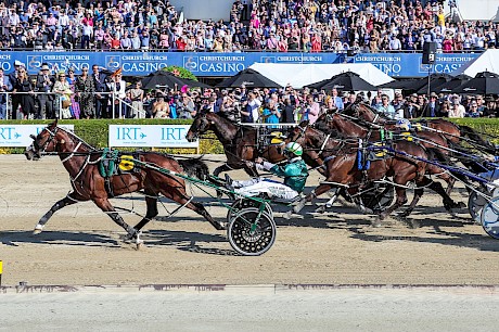 Copy That and Blair Orange are holding their rivals at the finish of today’s New Zealand Trotting Cup. PHOTO: Ajay Berry/Race Images.