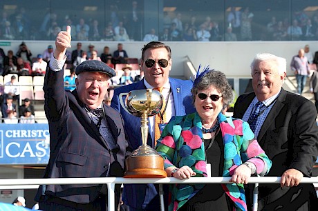 IRT’s Richard Cole and his uncle David join Merv and Meg Butterworth on the victory dais at Addington. PHOTO: Ajay Berry/Race Images