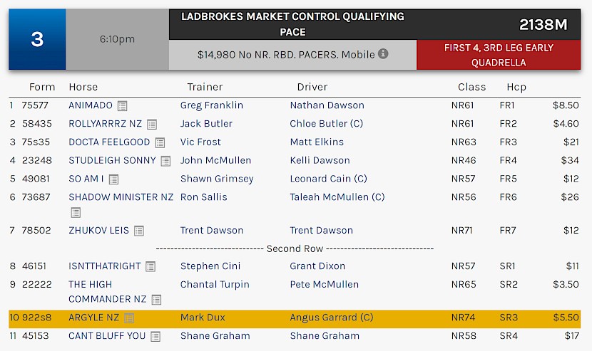 Argyle races at 9.10pm NZ time at Albion Park on Saturday night.